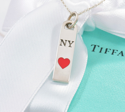 Tiffany & Co Silver Red Enamel NY Heart Bar Pendant 18" Necklace in Pouch Rare