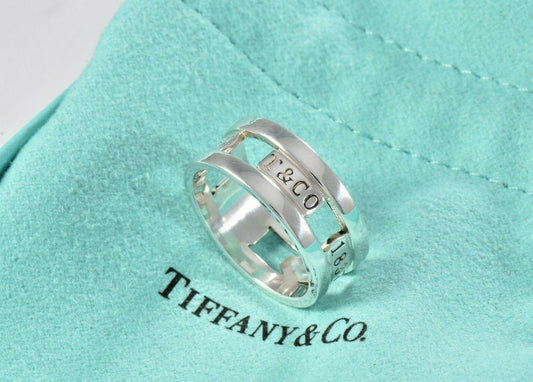 Tiffany & Co 1837 Silver Wide Emblem Ring Size 6.5 in Pouch Lovely Thick Band