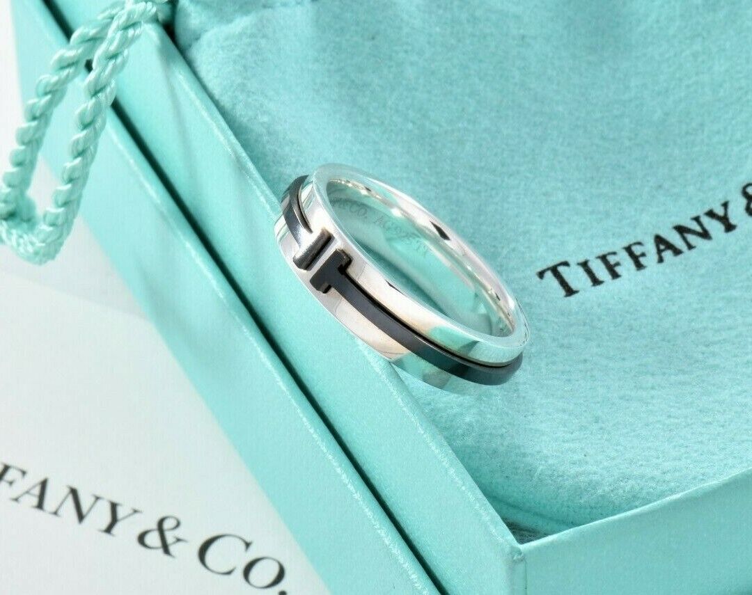 Tiffany & Co Silver Titanium T Square 6mm Wide Band Ring Size 6 and Pouch Rare