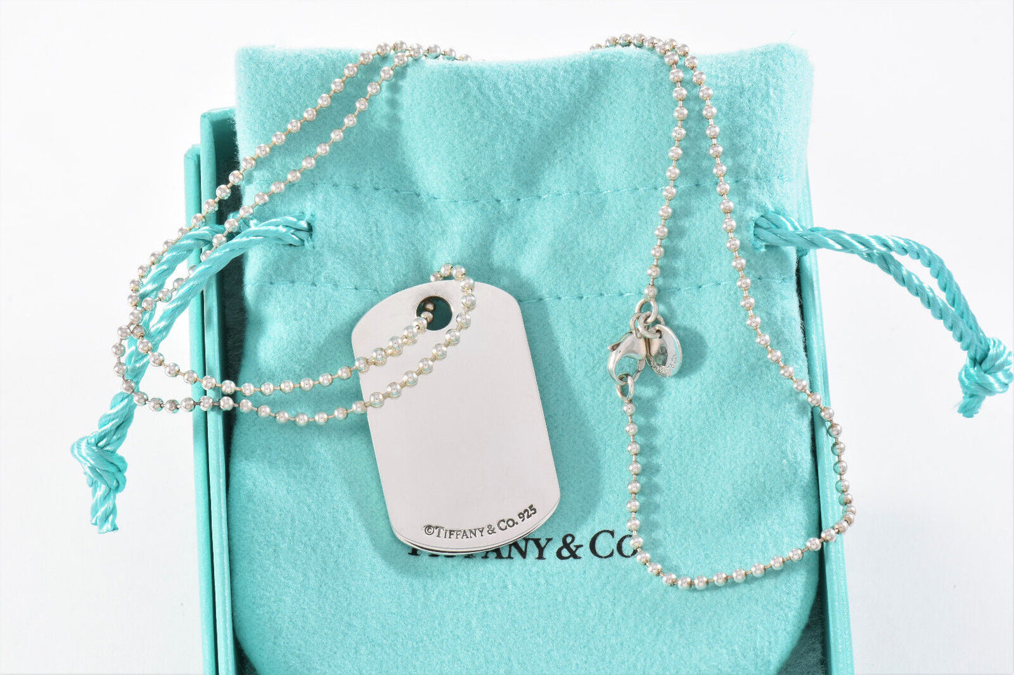 Tiffany & Co Silver 1837 DogTag Pendant 18.25" Bead Chain Necklace in Pouch Mens