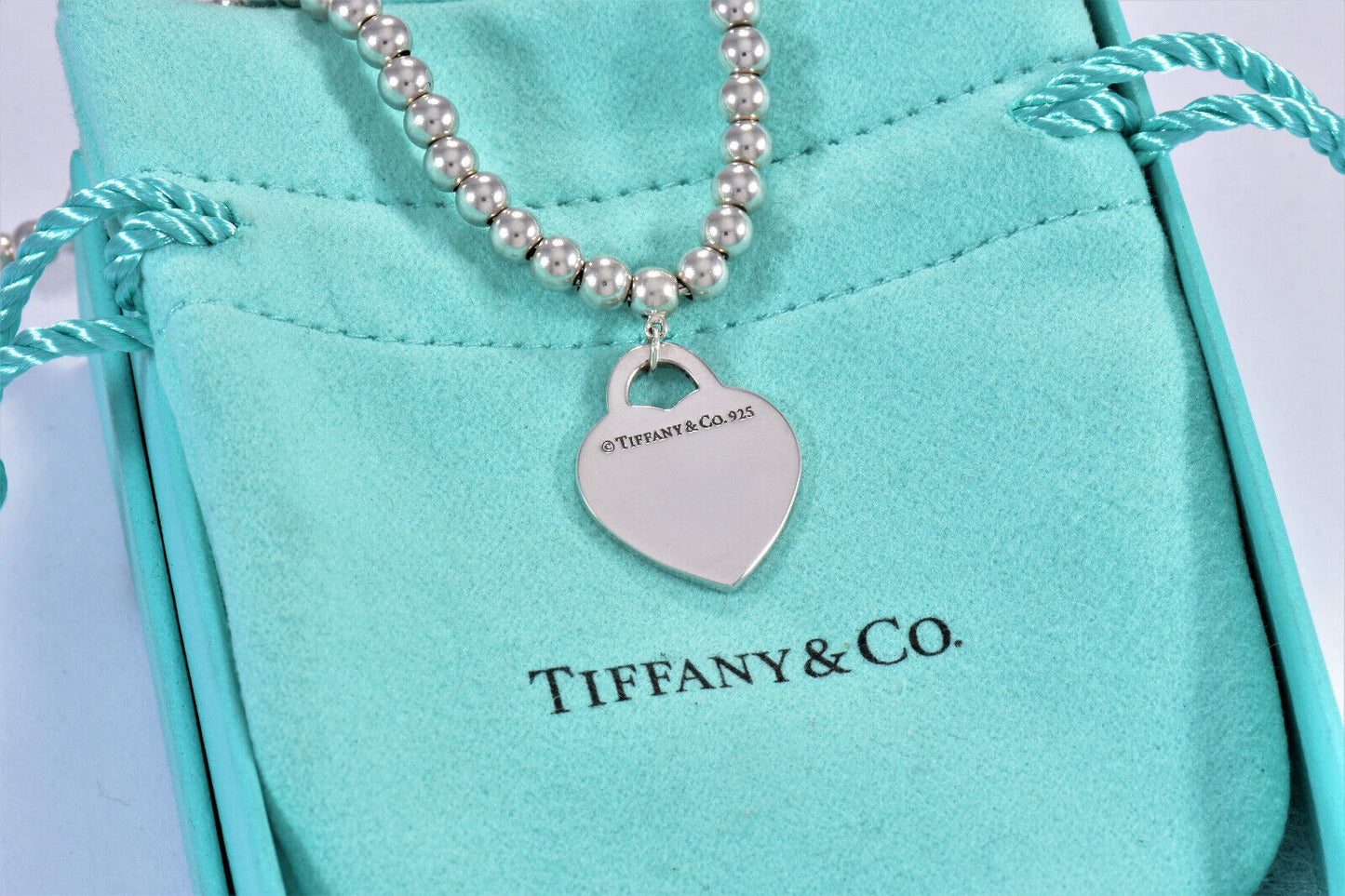 Please Return To Tiffany & Co Silver Heart Pendant 16" Beaded Necklace in Pouch