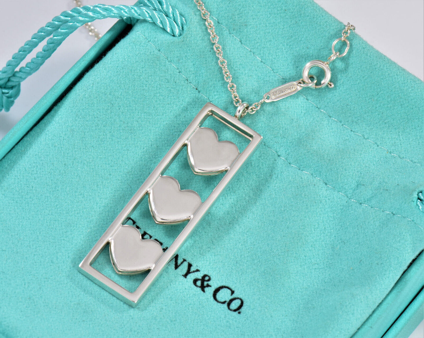 Tiffany & Co Sterling Silver Three Heart Bar Pendant 16" Necklace in Pouch Rare