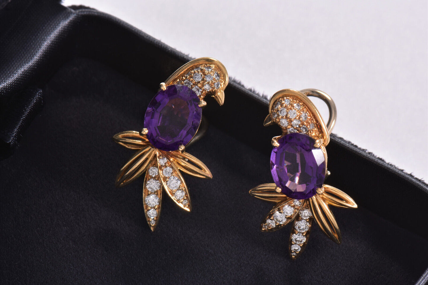 Tiffany & Co 18K Yellow Gold Birds of Paradise Diamond Amethyst Earrings Clip On