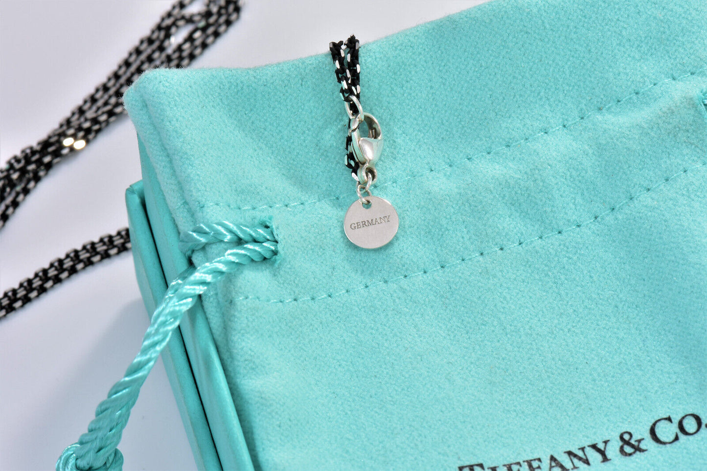 Tiffany & Co Sterling Silver Back Enamel Sparkle Chain Link Necklace & Box Pouch