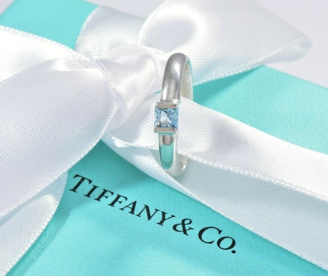 Tiffany & Co Sterling Silver Aquamarine Square Stack Band Ring Size 7.5 in Box