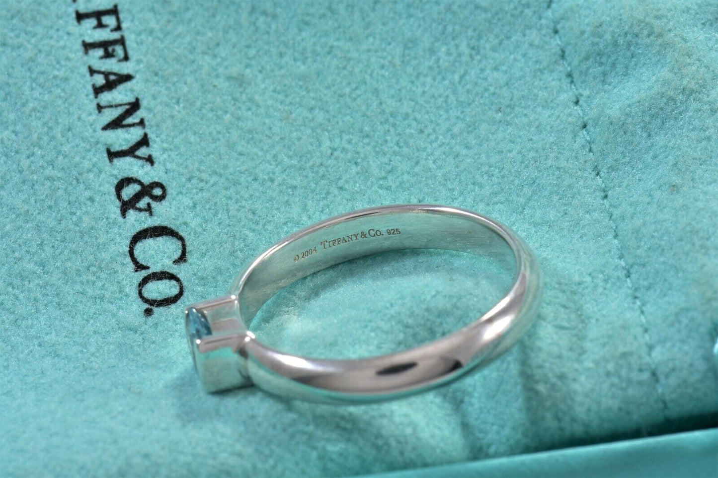 Tiffany & Co Sterling Silver Aquamarine Square Stack Band Ring Size 7.5 in Box