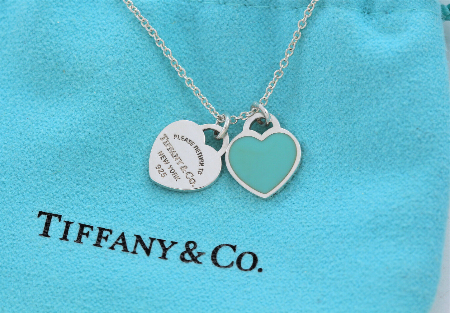 Please Return Tiffany & Co Silver Mini Double Heart Blue Enamel 16" Necklace Box