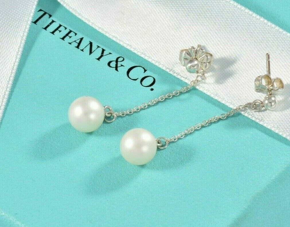 Tiffany & Co Sterling Silver Bead Pearl Drop Earrings in Box Pouch Dangle Rare