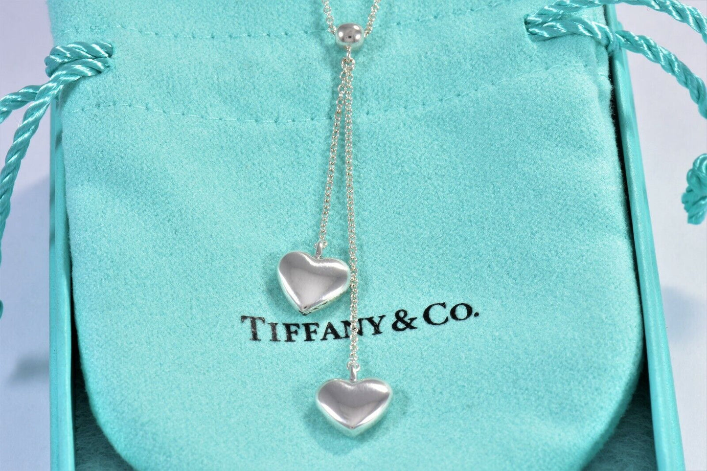 Tiffany & Co Silver Double Puff Heart Bead Two Pendant Necklace & Pouch Dangle