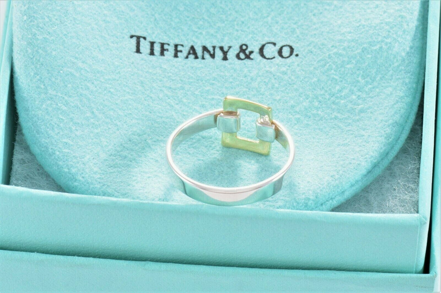 Vintage Tiffany & Co 18Kt Gold Silver Rectangle Buckle Ring Size 11.5 Square