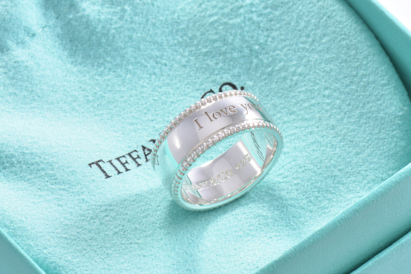 Tiffany & Co Sterling Silver I Love You Bead Edge Ring Size 7 in Pouch Yours