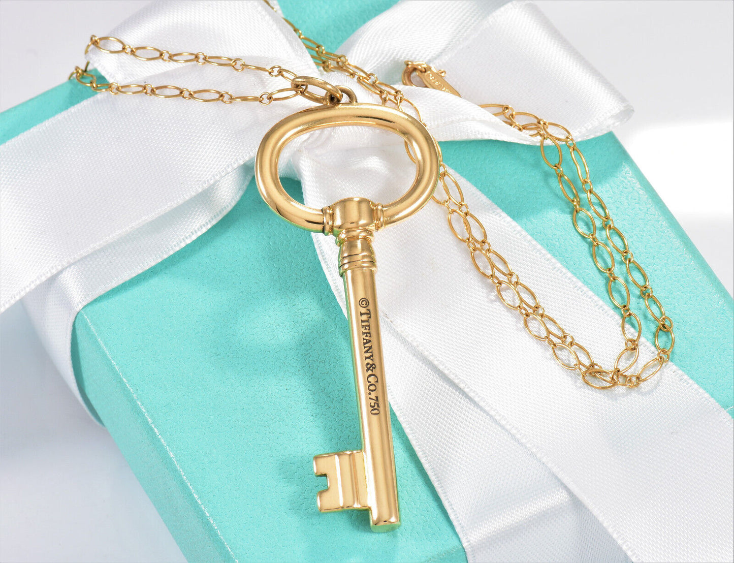 Tiffany & Co 18K Yellow Gold 2.5" Oval Key Pendant 24.25" Chain Link Necklace