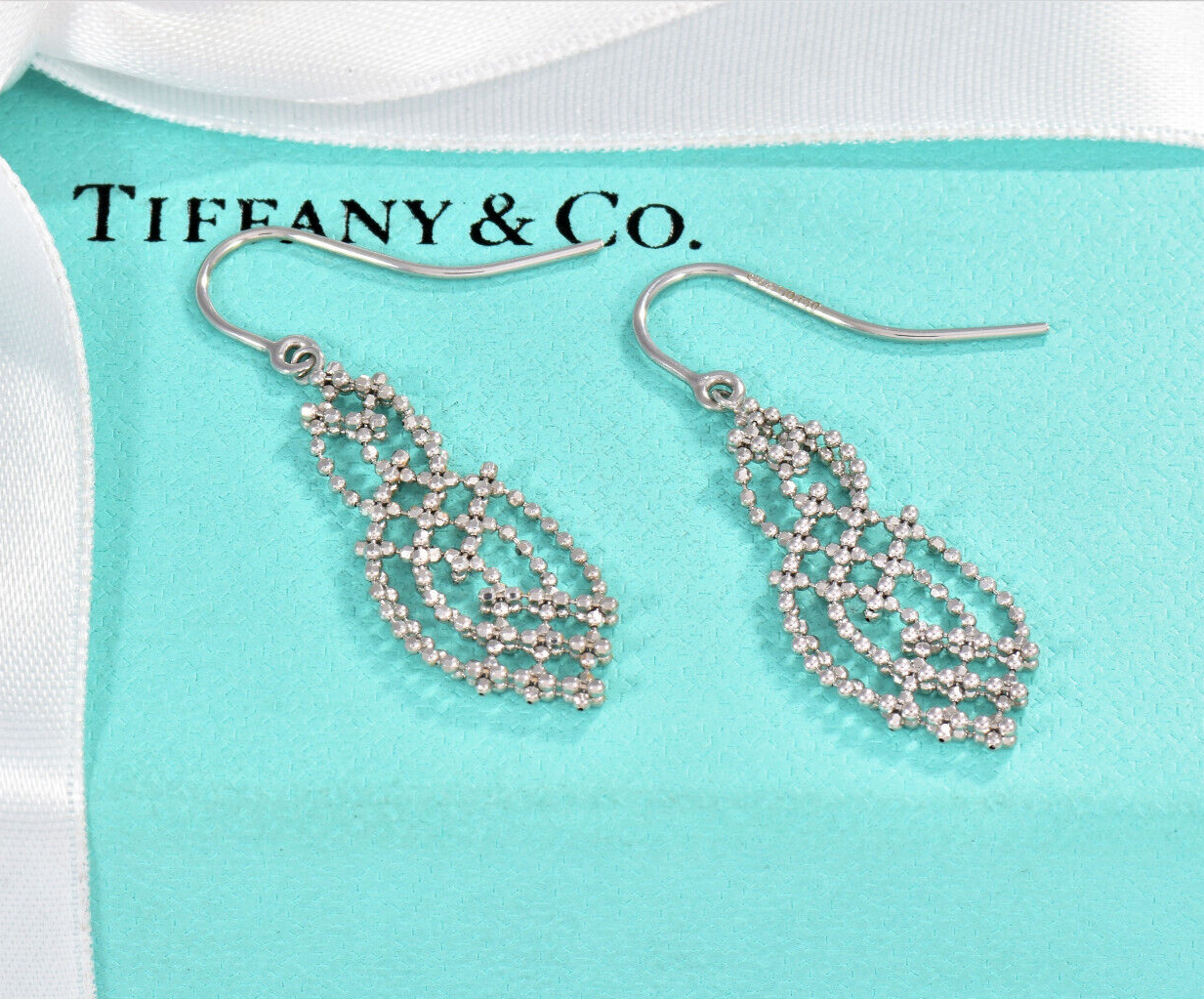 Tiffany & Co 18K White Gold Chandelier Fringe Hook Earrings Dangle Gatsby in Box