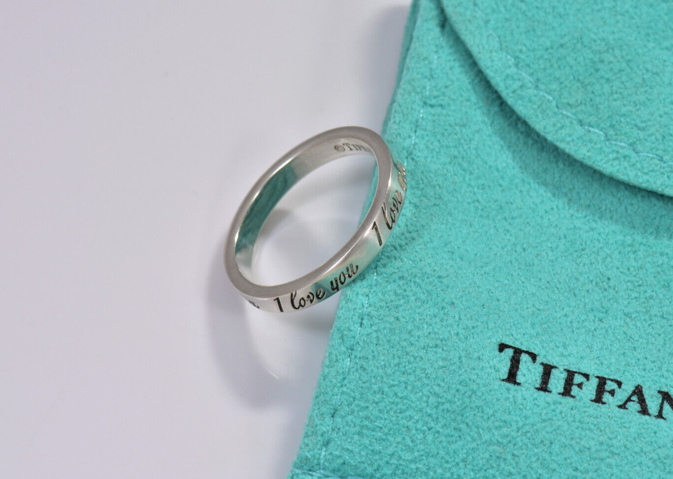 Tiffany & Co Sterling Silver I Love You Notes Narrow Band Ring Size 8.5 in Pouch