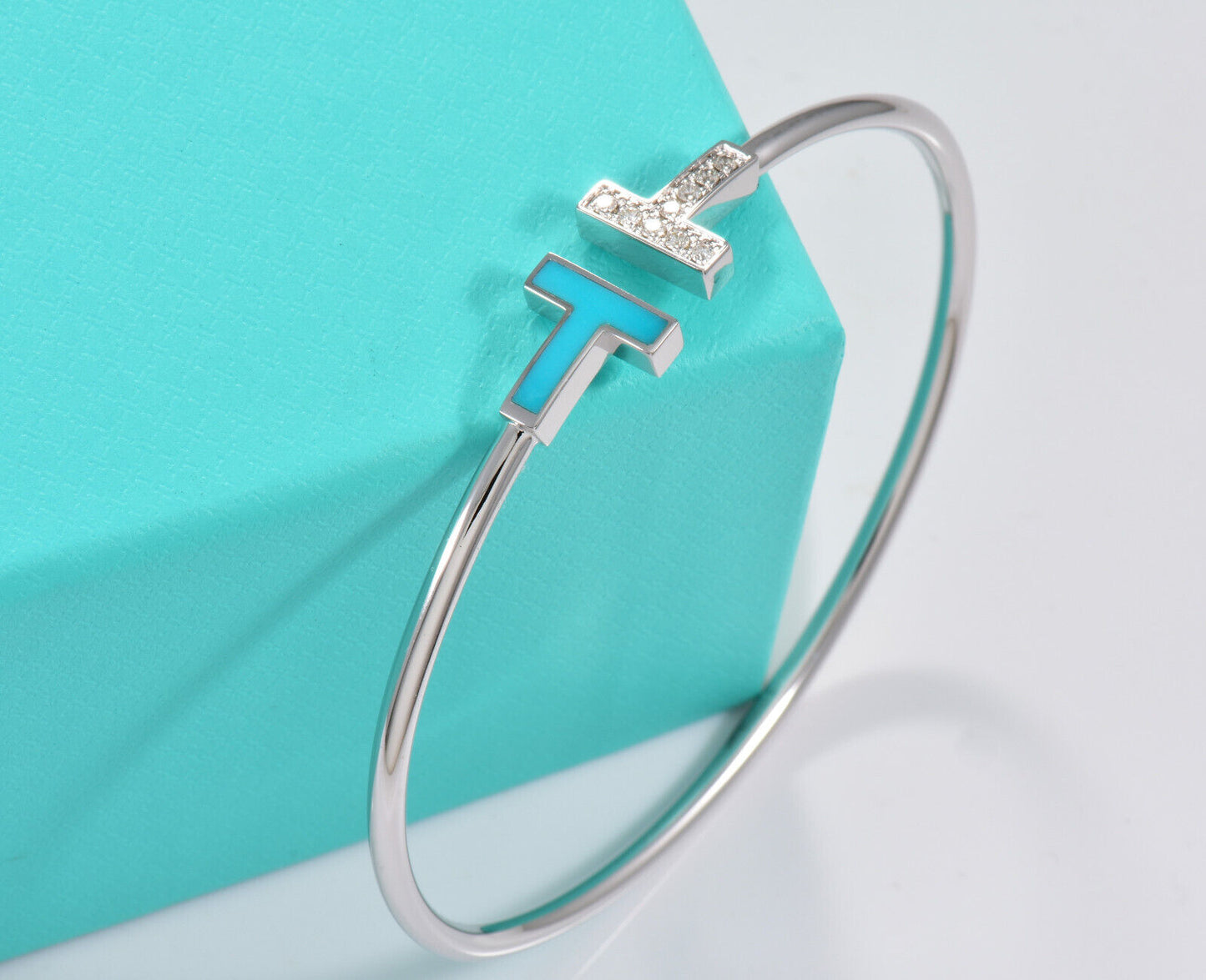 Tiffany & Co Diamond 18K White Gold Blue Turquoise T Wire Large Bracelet in Box