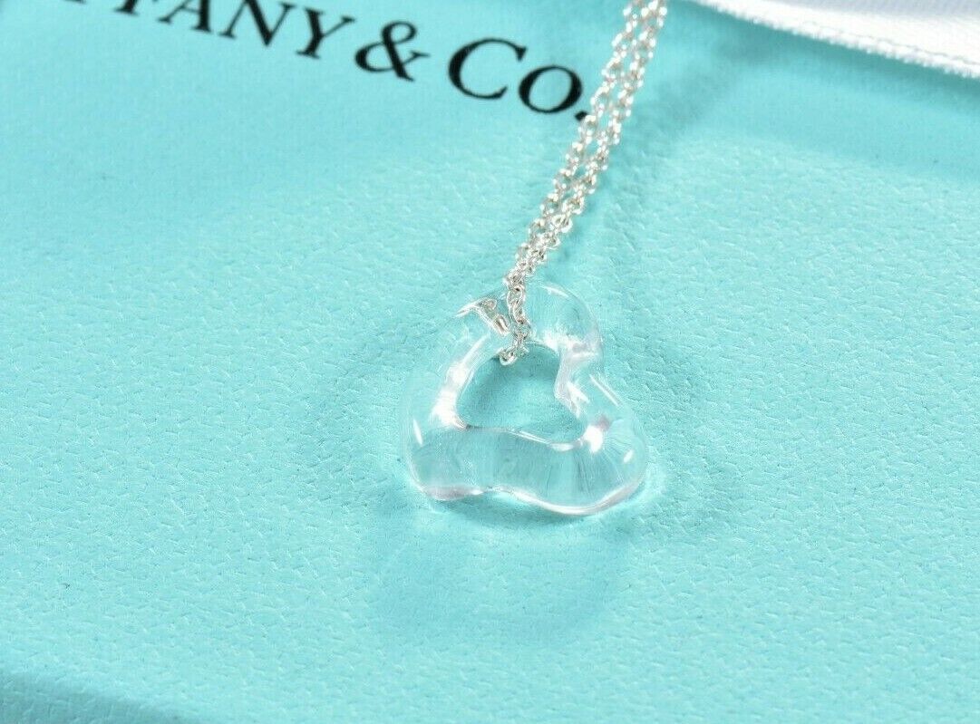 Tiffany & Co Silver Elsa Peretti Crystal Open Heart Pendant 16" Necklace & Pouch