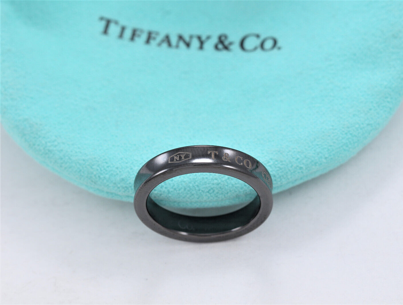 Tiffany & Co Silver Titanium 1837 Narrow Band Ring Size 7 in Pouch Rare Mens