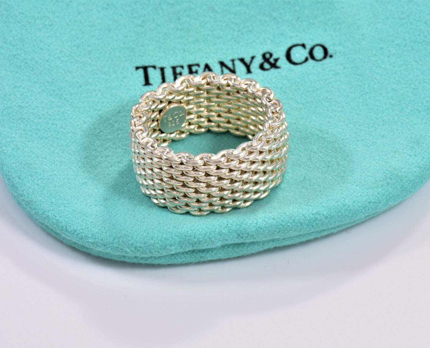 Tiffany & Co Somerset Sterling Silver Mesh Love Ring Size 5 in Box Pouch Lovely