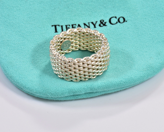 Tiffany & Co Somerset Sterling Silver Mesh Love Ring Size 5 in Box Pouch Lovely