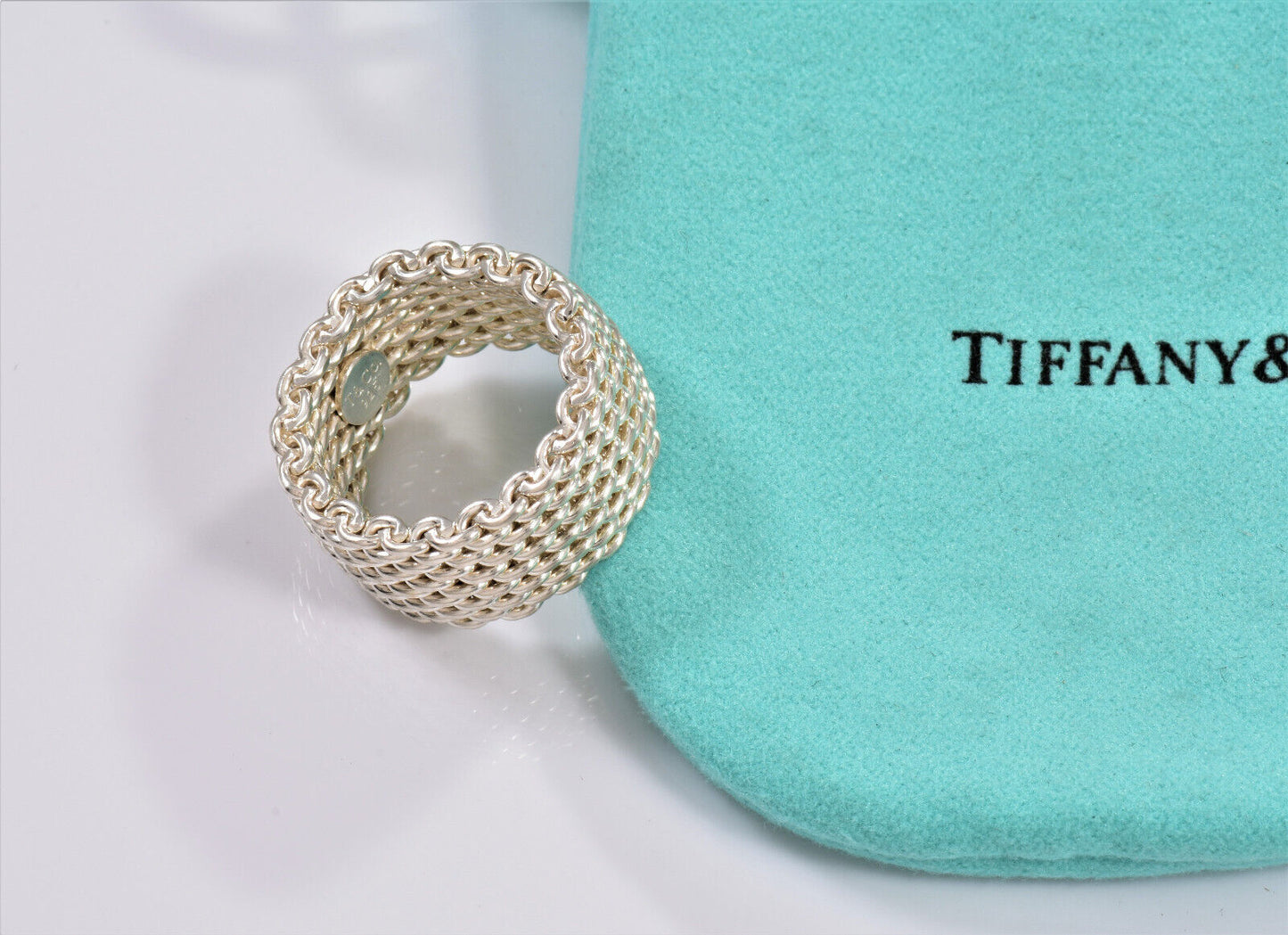 Tiffany & Co Somerset Sterling Silver Mesh Love Ring Size 5 in Box Pouch Lovely