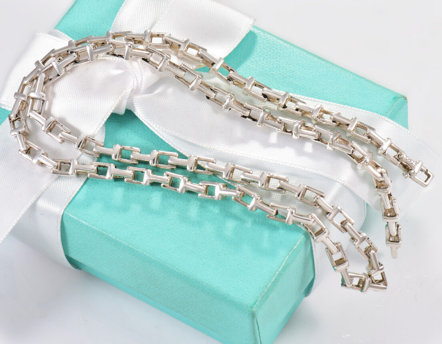 Tiffany & Co Silver Narrow Small T Square Link 20" Necklace in Box Pouch Rare