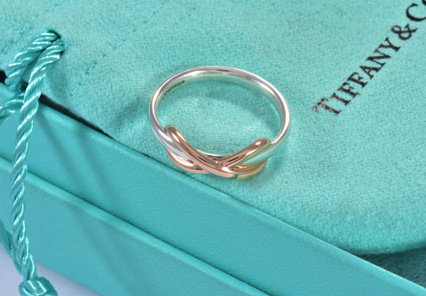 Tiffany & Co 18k Rose Gold Silver Infinity Knot Ring Size 6 in Box Narrow Band