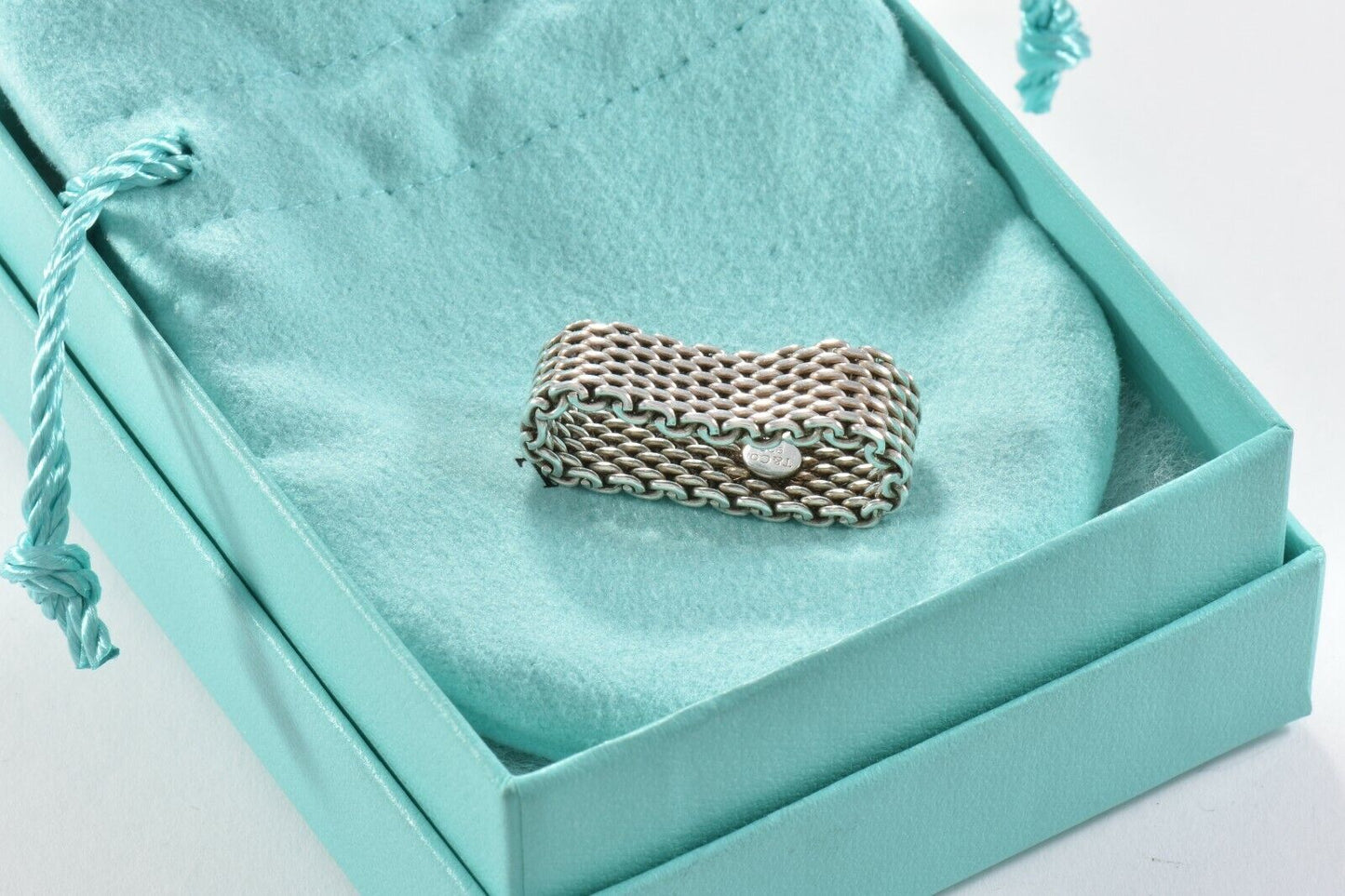 Tiffany & Co Somerset Sterling Silver Mesh Love Ring Sz 6.5 in Box Pouch Lovely