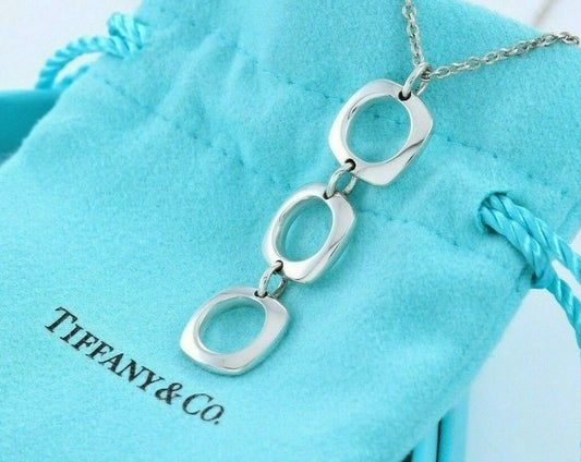 Tiffany & Co Silver Three Cushion Square Dangle Pendant Drop Necklace & Pouch