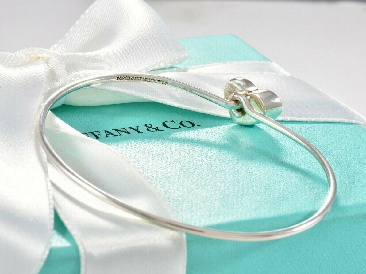 Tiffany & Co Picasso Silver Diamond Heart Bangle Hook 7.25" Bracelet & Box Pouch