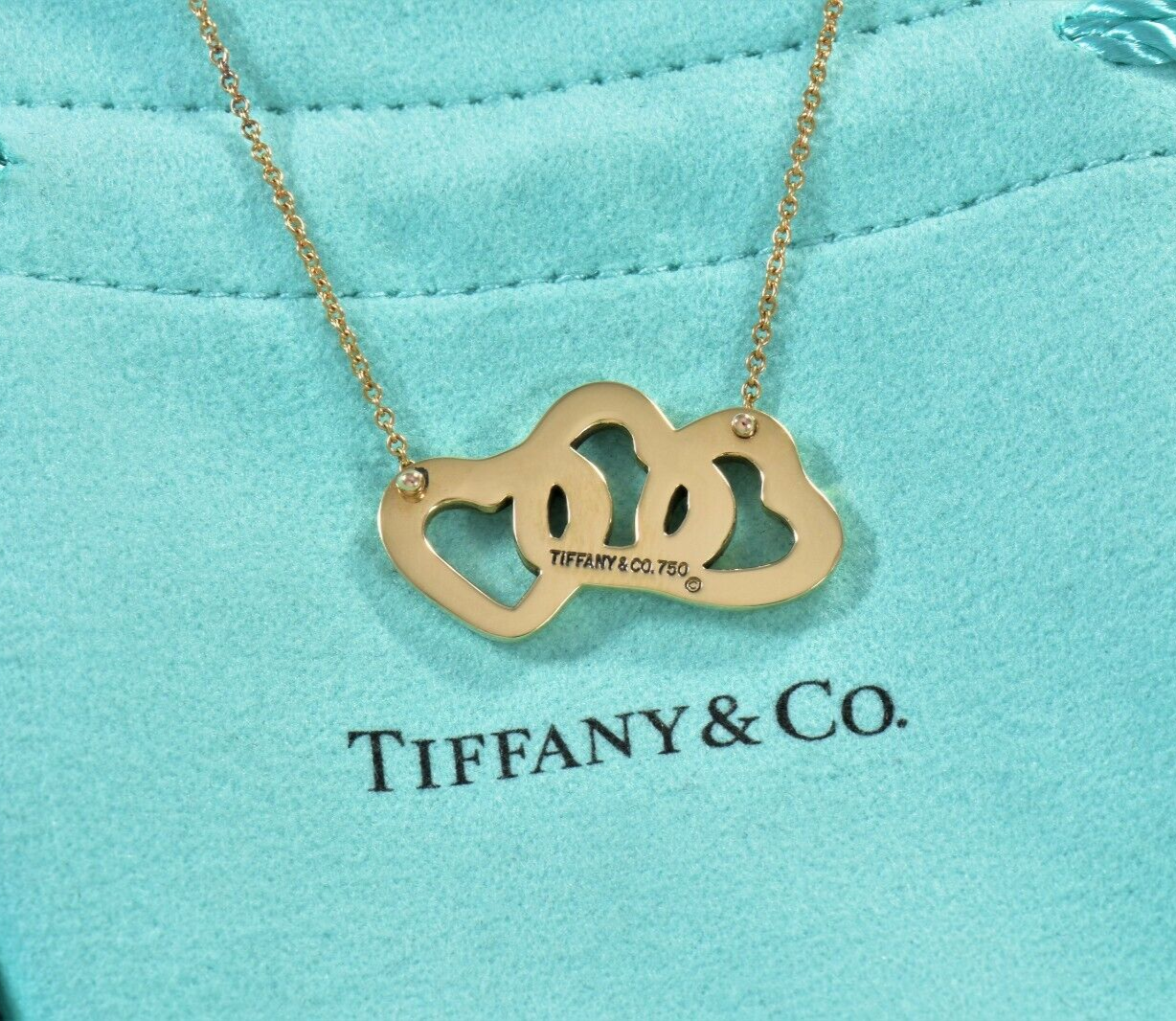 Tiffany & Co 18K Yellow Gold Three Heart Pendant 19" Love Necklace in Box Pouch