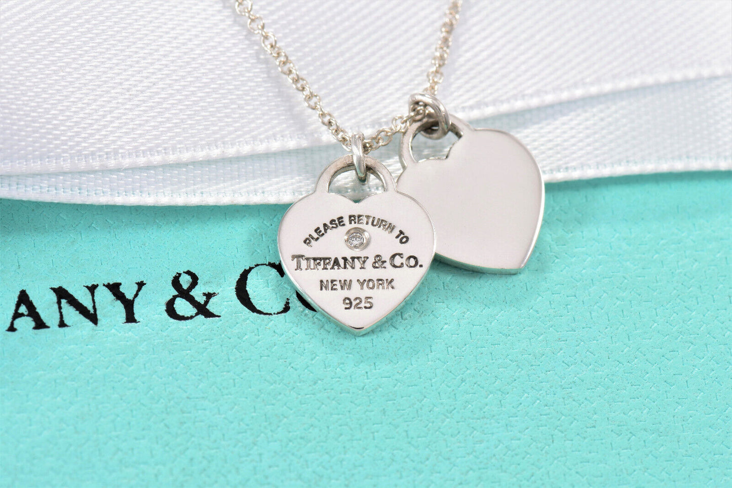 Return To Tiffany & Co Diamond Silver Mini Double Heart Pendant 16" Necklace