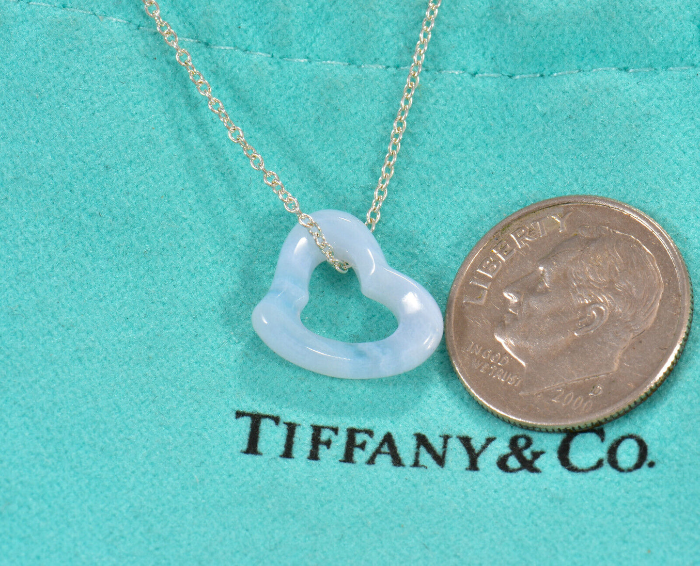 Tiffany & Co Silver Elsa Peretti Blue Agate Gem Open Heart Pendant 18" Necklace