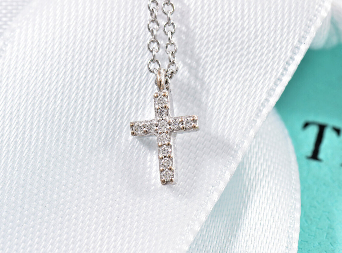 Tiffany & Co Diamond 18K White Gold Mini Metro Cross Pendant 17" Necklace Boxed