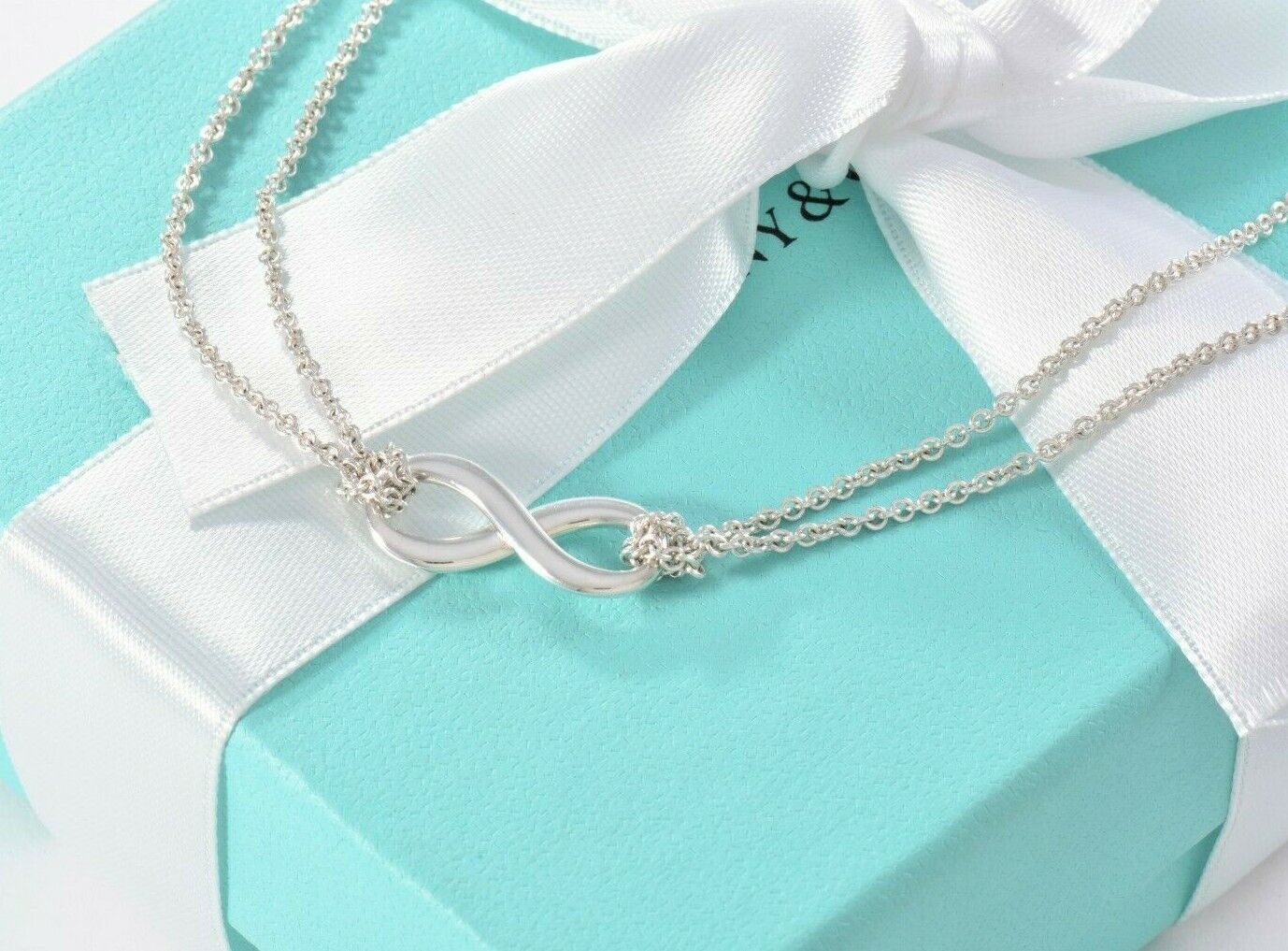 Tiffany & Co Silver Infinity Pendant 16" Double Chain Necklace in Box Pouch Card