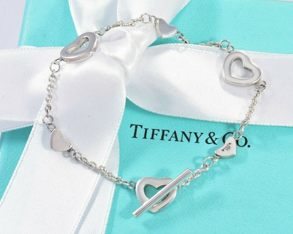 Tiffany & Co Silver Heart Lariat Toggle Chain 7" Bracelet & Pouch Rare Valentine