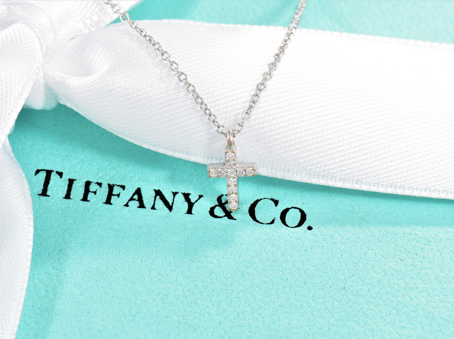 Tiffany & Co Diamond 18K White Gold Mini Metro Cross Pendant 17" Necklace Boxed