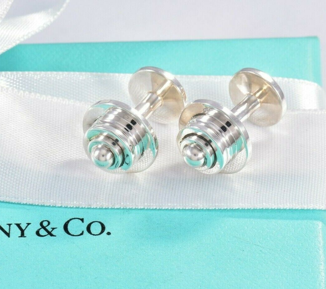 Tiffany & Co Silver Picasso Stack Tiered Barbell Cufflinks in Pouch Men's Suit