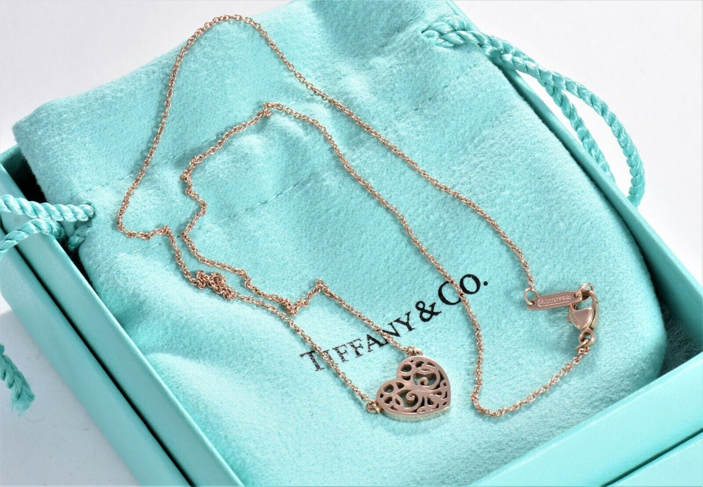 Tiffany & Co Rubedo Gold Metal Enchant Scroll Small Heart 16" Necklace Box Pouch