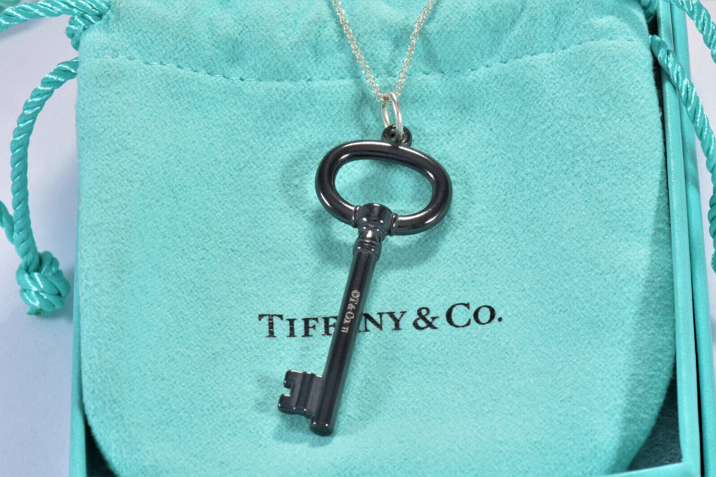 Tiffany & Co Sterling Silver Titanium Oval Key Pendant 16.5" Necklace in Pouch