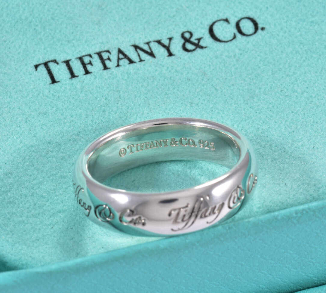 Classic Tiffany & Co Silver Notes Script Signet Wide Band Ring Size 6 Rare Pouch