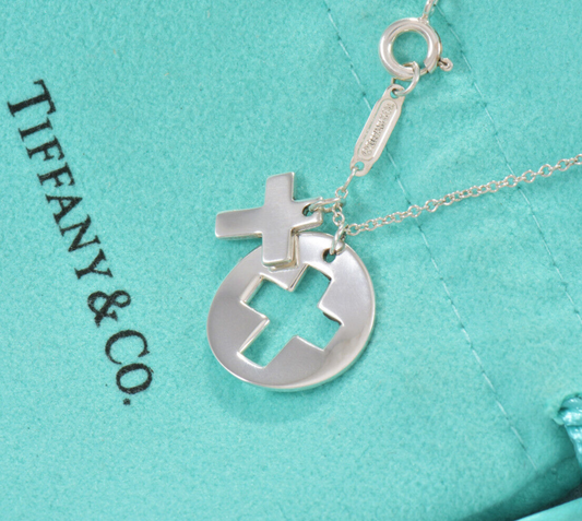 Tiffany & Co Sterling Silver Cross Cutout Circle Pendant 16" Necklace in Pouch