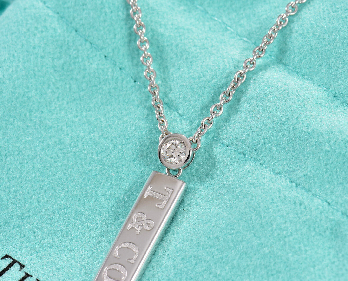 Tiffany & Co Diamond 18K White Gold Logo Bar Pendant 16.25" Necklace & Box Pouch