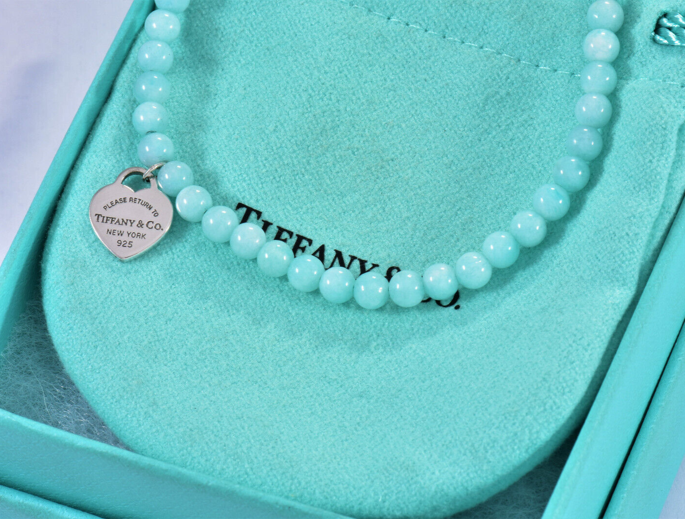 Please Return To Tiffany & Co Silver Heart Charm Amazonite Bead Bracelet 7.25"