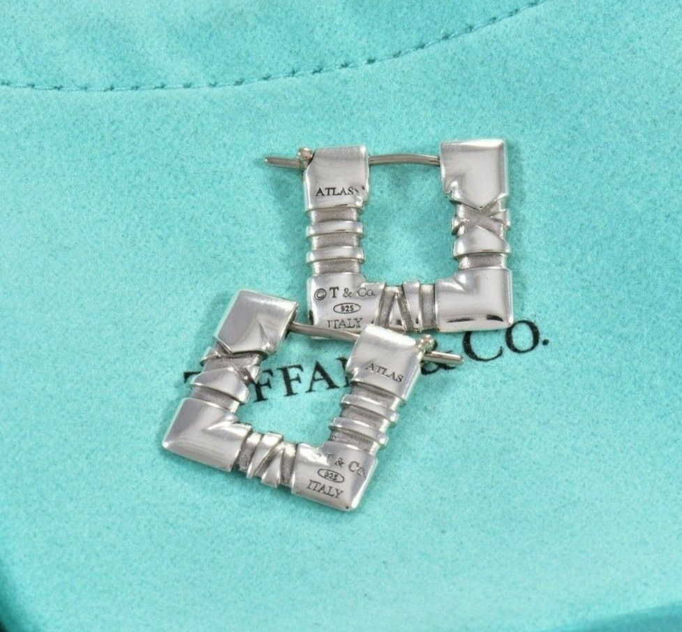 Tiffany & Co Sterling Silver Atlas Square Hoop Earrings in Pouch Roman Numeral