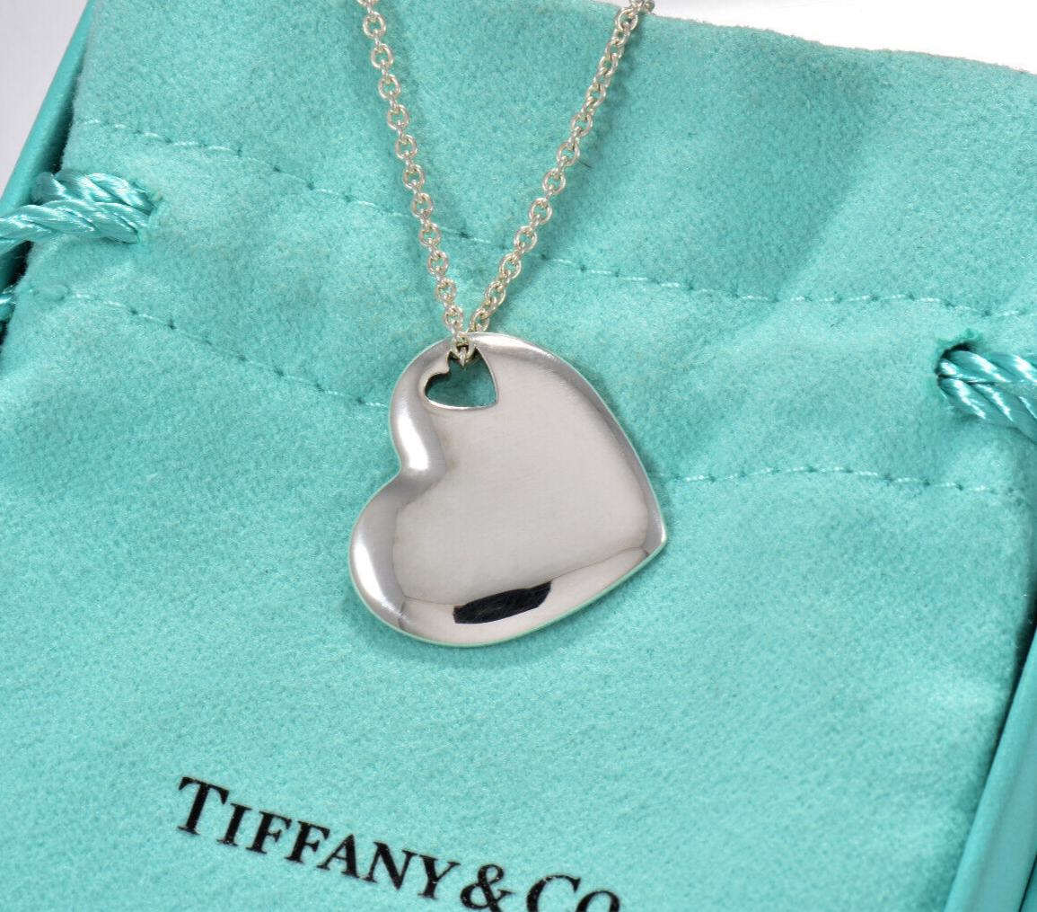 Tiffany & Co Silver Stencil Two Heart Cut Out Love Pendant Necklace 17” in Box