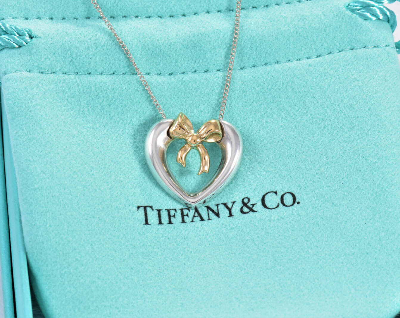 Vintage Tiffany & Co 18K Gold Silver Heart Bow 22" Fringe Necklace in Box Pouch