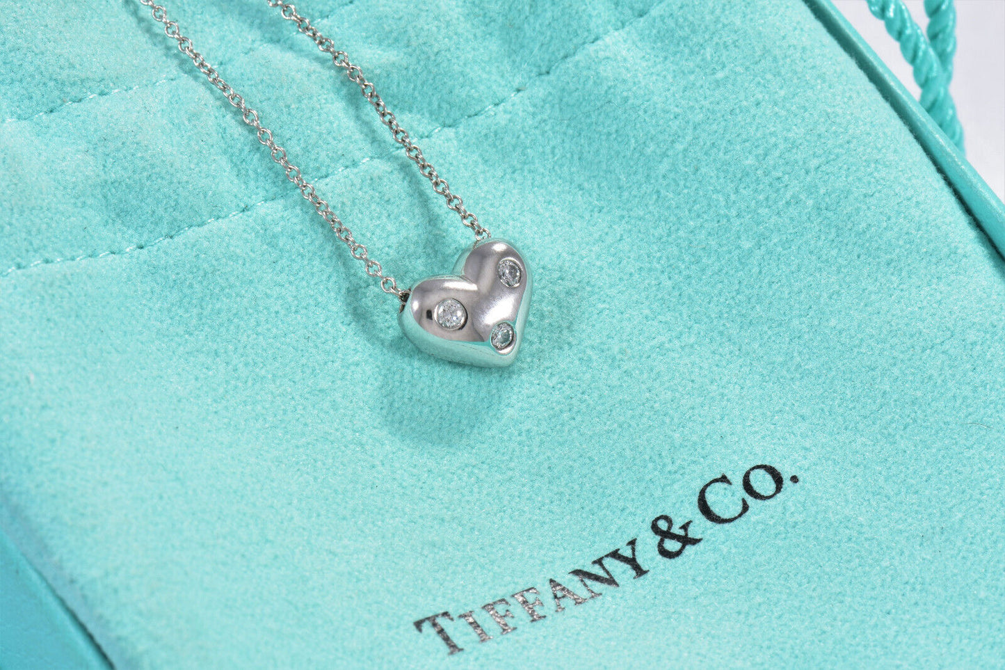 Tiffany & Co Diamond Platinum Etoile Heart Pendant 17" Necklace & Box Pouch Rare