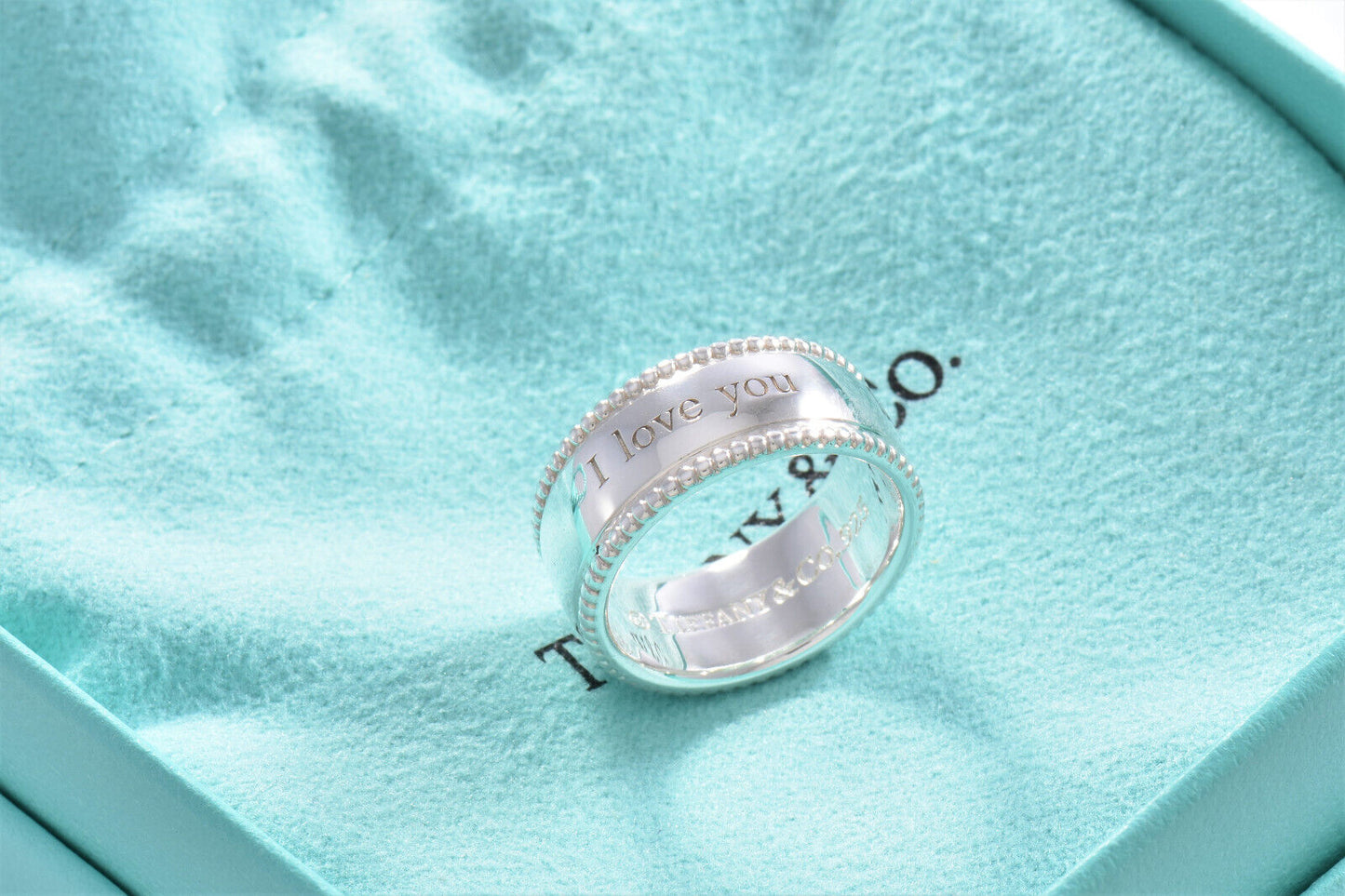 Tiffany & Co Sterling Silver I Love You Bead Edge Ring Size 7 in Pouch Yours