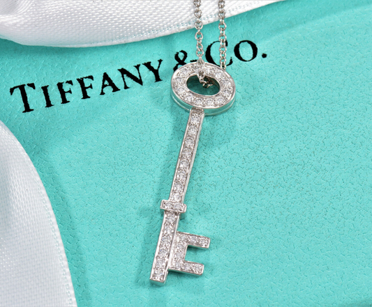 Tiffany & Co Diamond Platinum 1.25" Oval Key Pendant 18.5" Necklace in Box Pouch