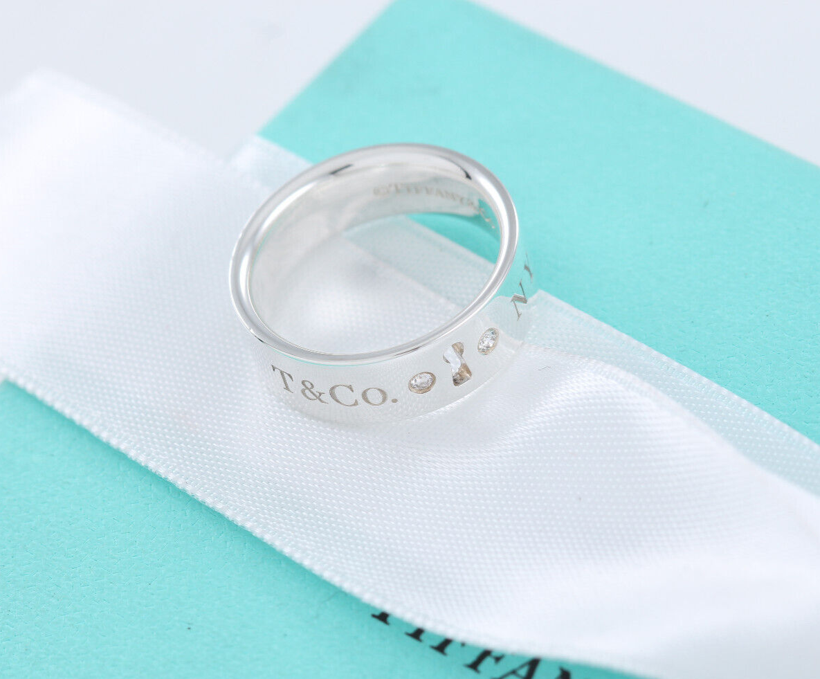 Tiffany & Co Sterling Silver Two Diamond Keyhole Lock Ring Size 5.5 Pouch Lovely